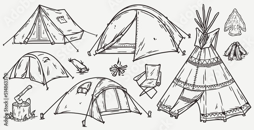 Tent for outside camping adventure. Camping tent for forest nature explore