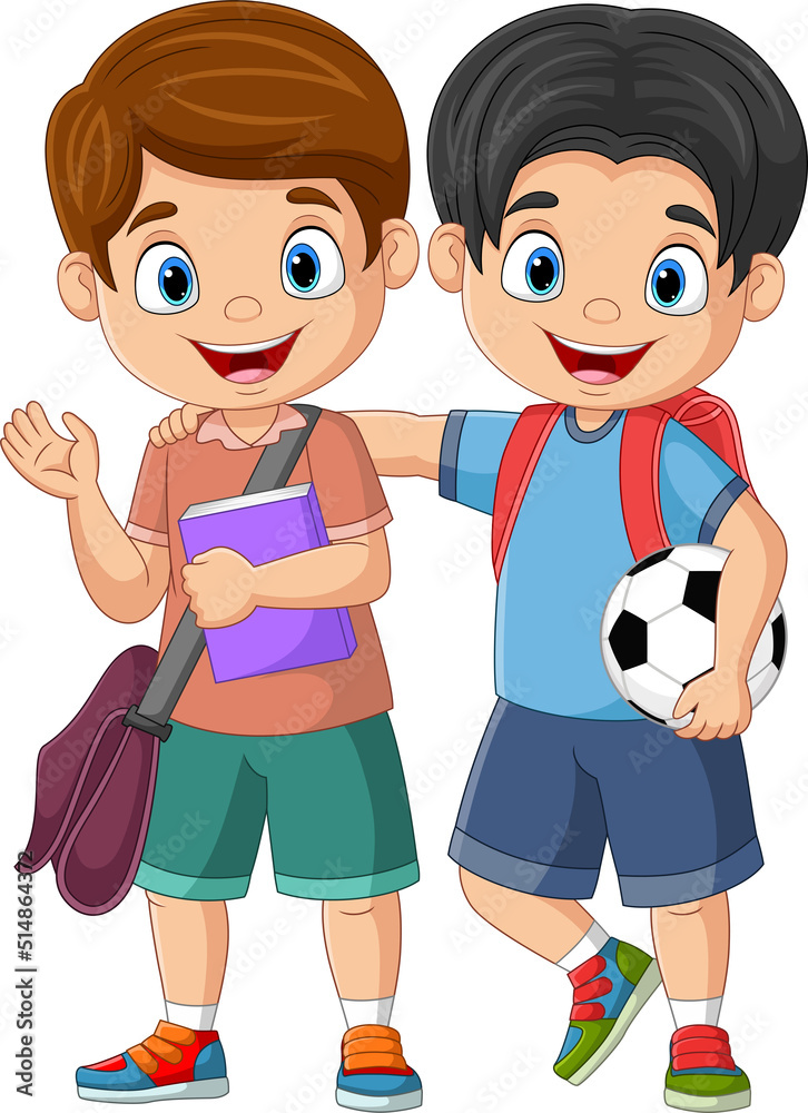Cartoon happy children with book and soccer ball