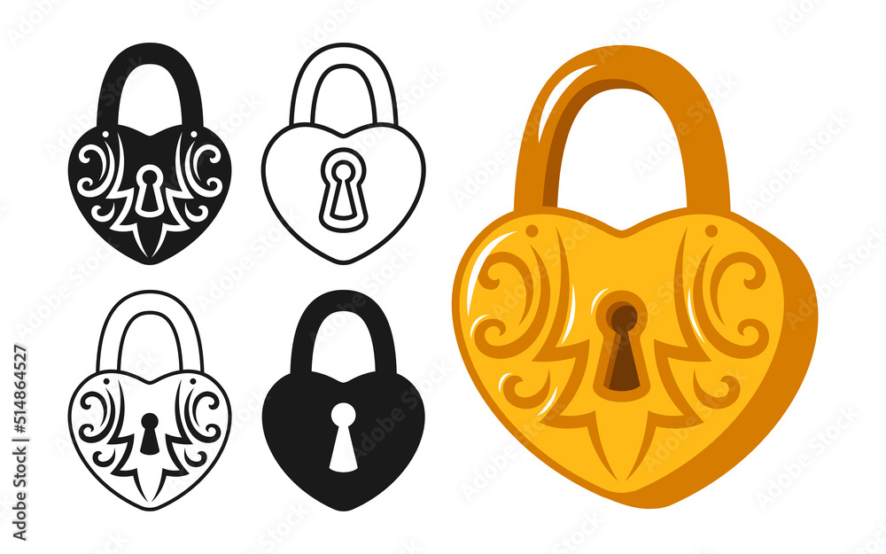 Lock heart shaped golden vintage icon set. Old padlock for safety and ...