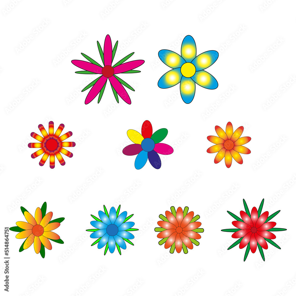 cartoon flowers icons. Vintage nature graphic. Summer motif. Vector illustration. stock image.