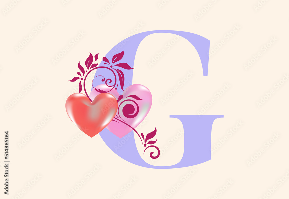 Obraz premium Floral G monogram letter with heart sign. Initial alphabet with botanical elements.