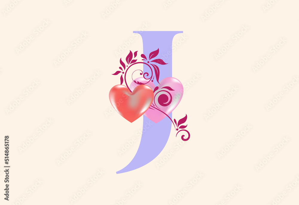 Floral J monogram letter with heart sign. Initial alphabet with botanical elements. Floral J monogram letter with heart sign. Initial alphabet with botanical elements.