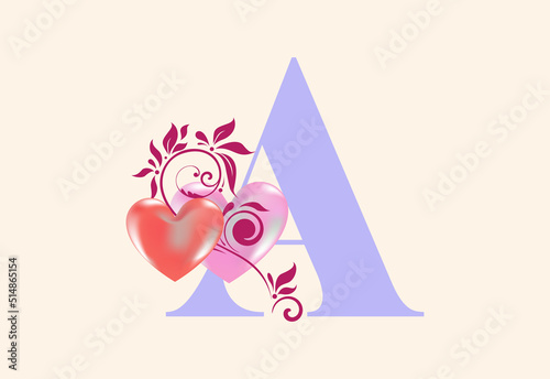 Floral A monogram letter with heart sign. Initial alphabet with botanical elements. © BakiBullah