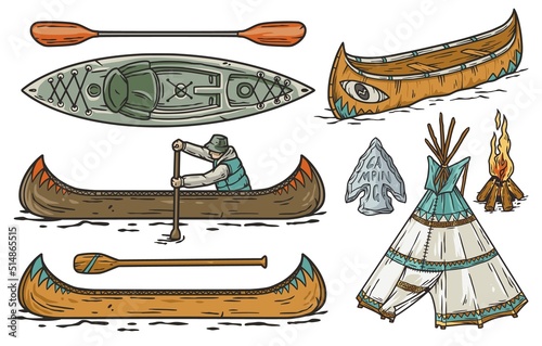 Wooden boat on the river. Kayak or canoe with paddle. Nature adventure outdoor adventure design