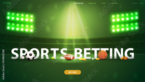 Sports betting, green poster with 3D title with sport elements and stadium on background