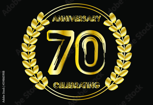70 years gold anniversary celebration luxury logo. Vector with golden crown for birthday year isolated on black background.