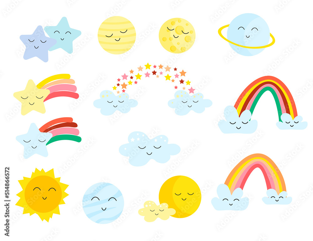 Collection of cartoon kawaii elements - rainbow, stars and sun, planets, clouds. Vector illustration. Cute childish drawing. Use for clothing prints, greetings card and packaging, birthday and shower