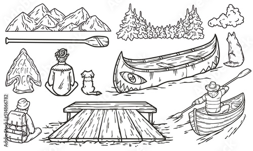 Backpack traveler, nature explorer wonderer man. Outdoor camping adventres and activities with tent and campfire