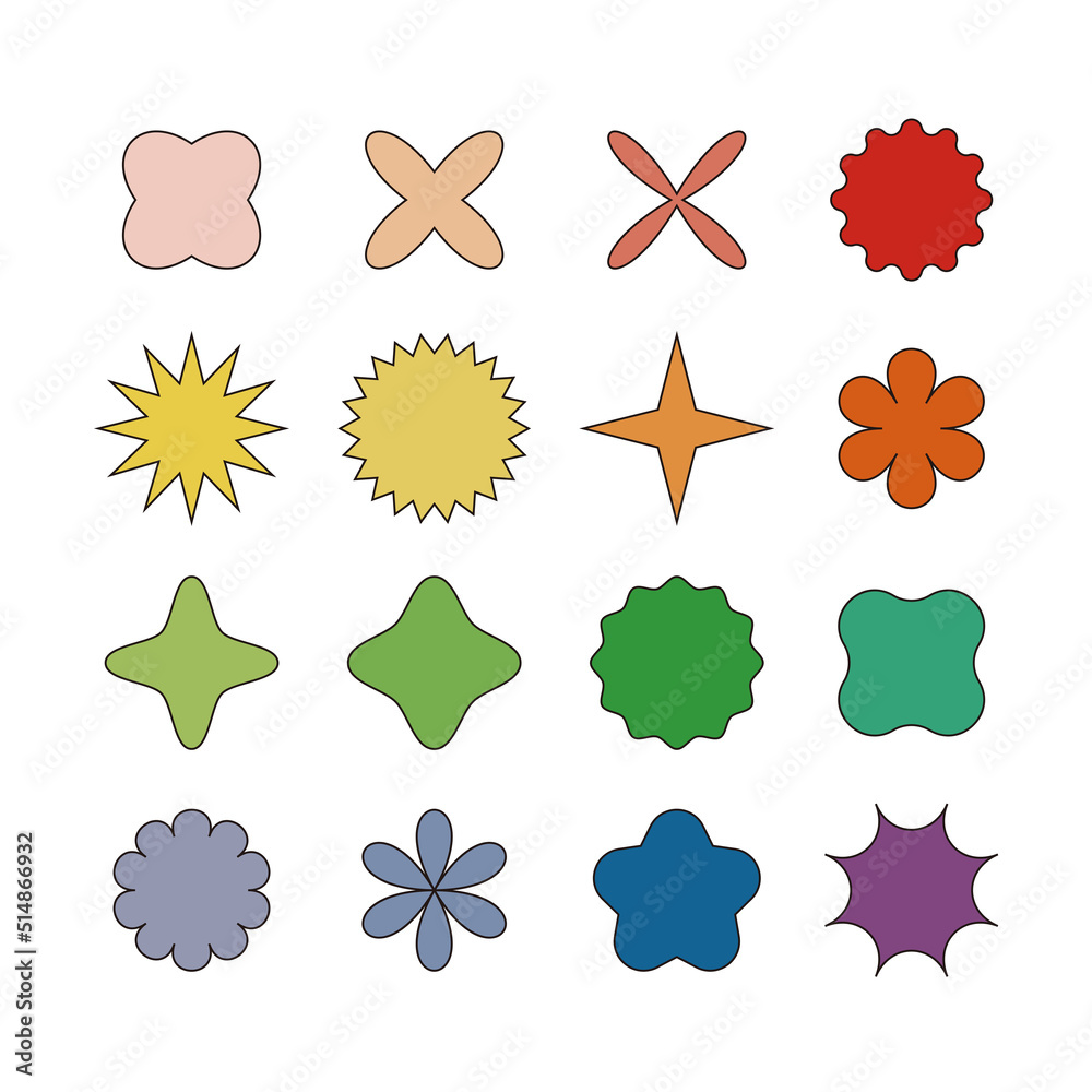 Set of various shape icon illustrations. Point deco of colorful shapes in the form of polygons, stars, geometry, flowers. Set of various shape icon illustrations. Point deco of colorful shapes in the form of polygons, stars, geometry, flowers.
