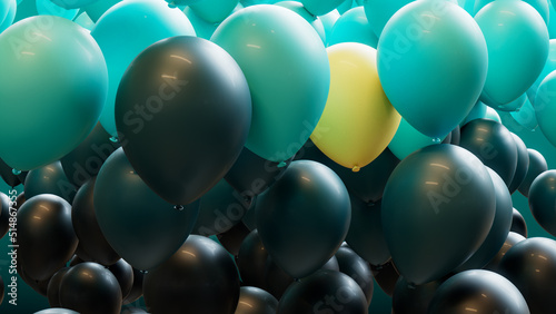 Colorful Festival Background, with Teal, Turquoise and Yellow Balloons. 3D Render.