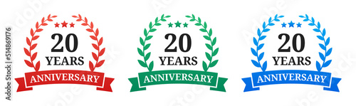 Elegant 20 years anniversary icon vector with ribbon and laurel wreath symbol illustration.