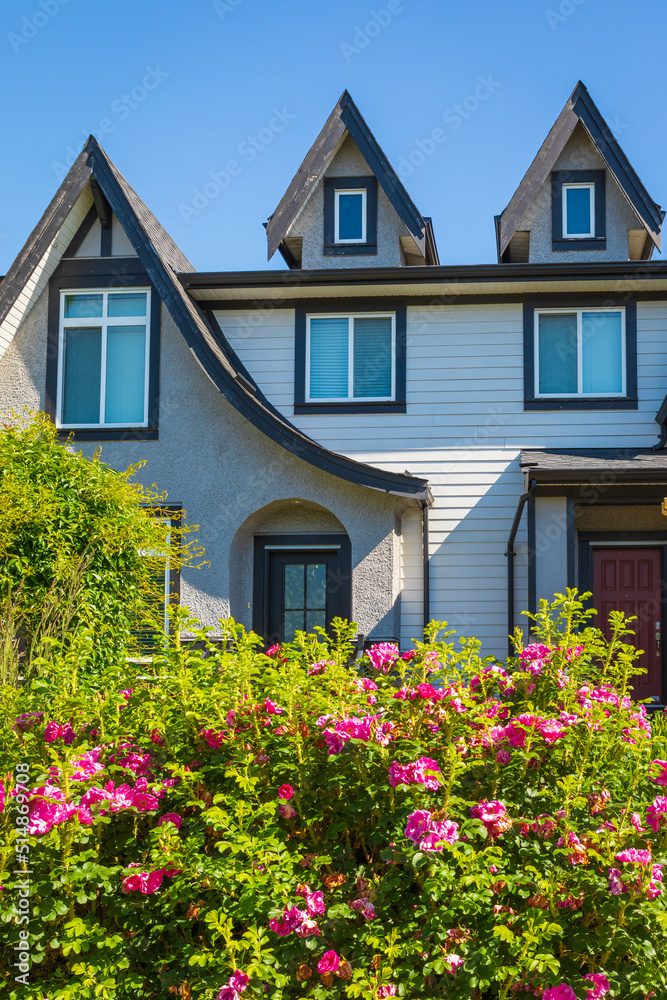 Entrance to a home through a beautiful garden with colorful flowers. Plants and flowers in in a garden Entrance to a home through a beautiful garden with colorful flowers. Plants and flowers in in a garden