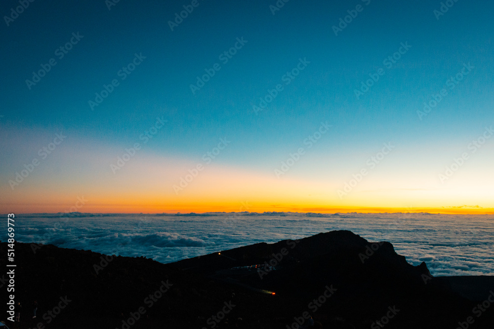 A view of the sunrise from the Haleakala volcano on the island of Maui, Hawaii.