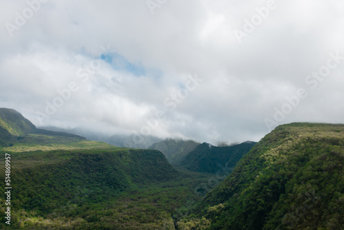 An aerial view of canyons and hills in the Hana Rainforest on the island of Maui, Hawaii.