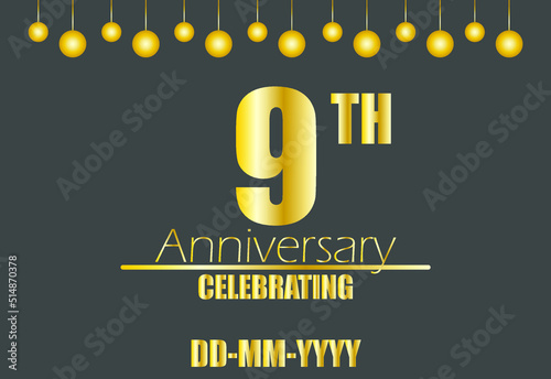 9th anniversary celebrating. Vector for golden anniversary celebration with pendulum on dark background.