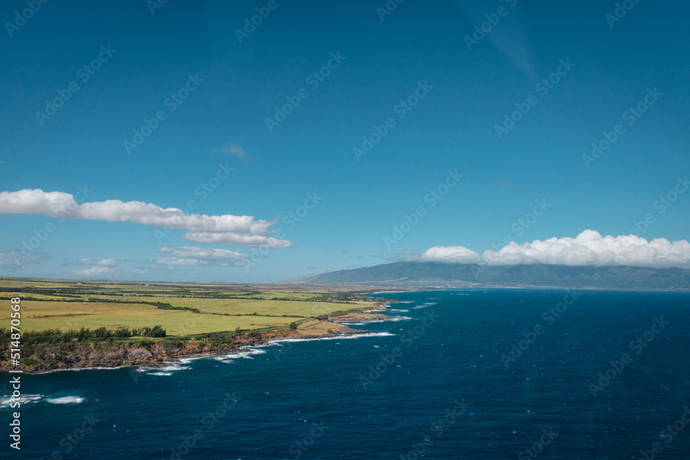 An aerial view of the coast of the island of Maui, Hawaii.