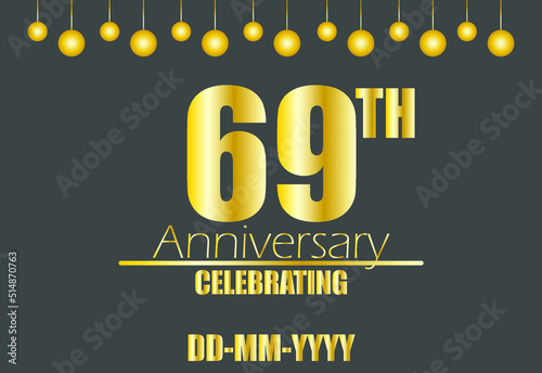 69th anniversary celebrating. Vector for golden anniversary celebration with pendulum on dark background.