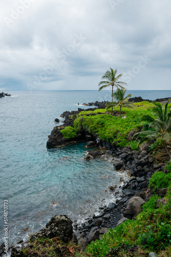 A black sand beach on the coast of Maui, Hawaii.