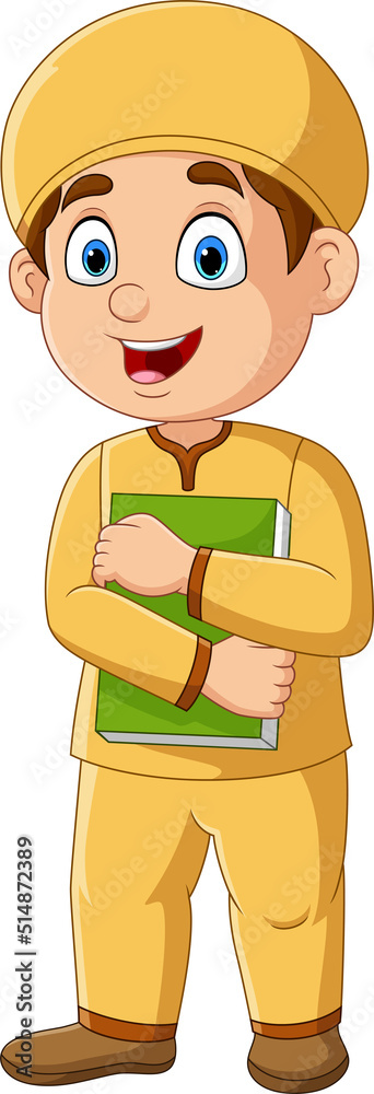 Naklejka premium Cartoon muslim boy holding a book