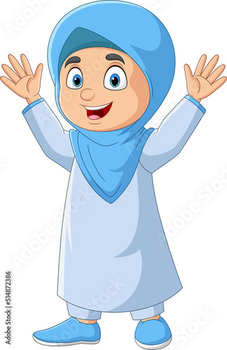 Cartoon happy muslim girl waving hand