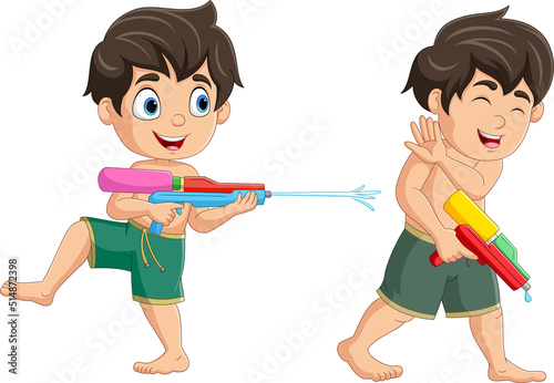 Two cute kids cartoon playing water gun