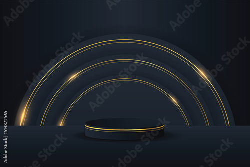 Black podium and modern gold border with a black circle element background. Abstract vector illustration showing a 3D shape for placing a product with copy space.