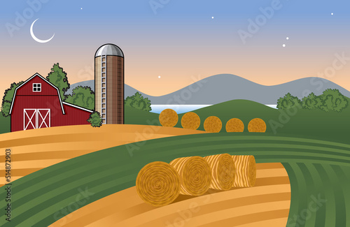 Farm Landscape in the Evening Vector Illustration with Barn, Silo, Corn Fields and Hay Bales.