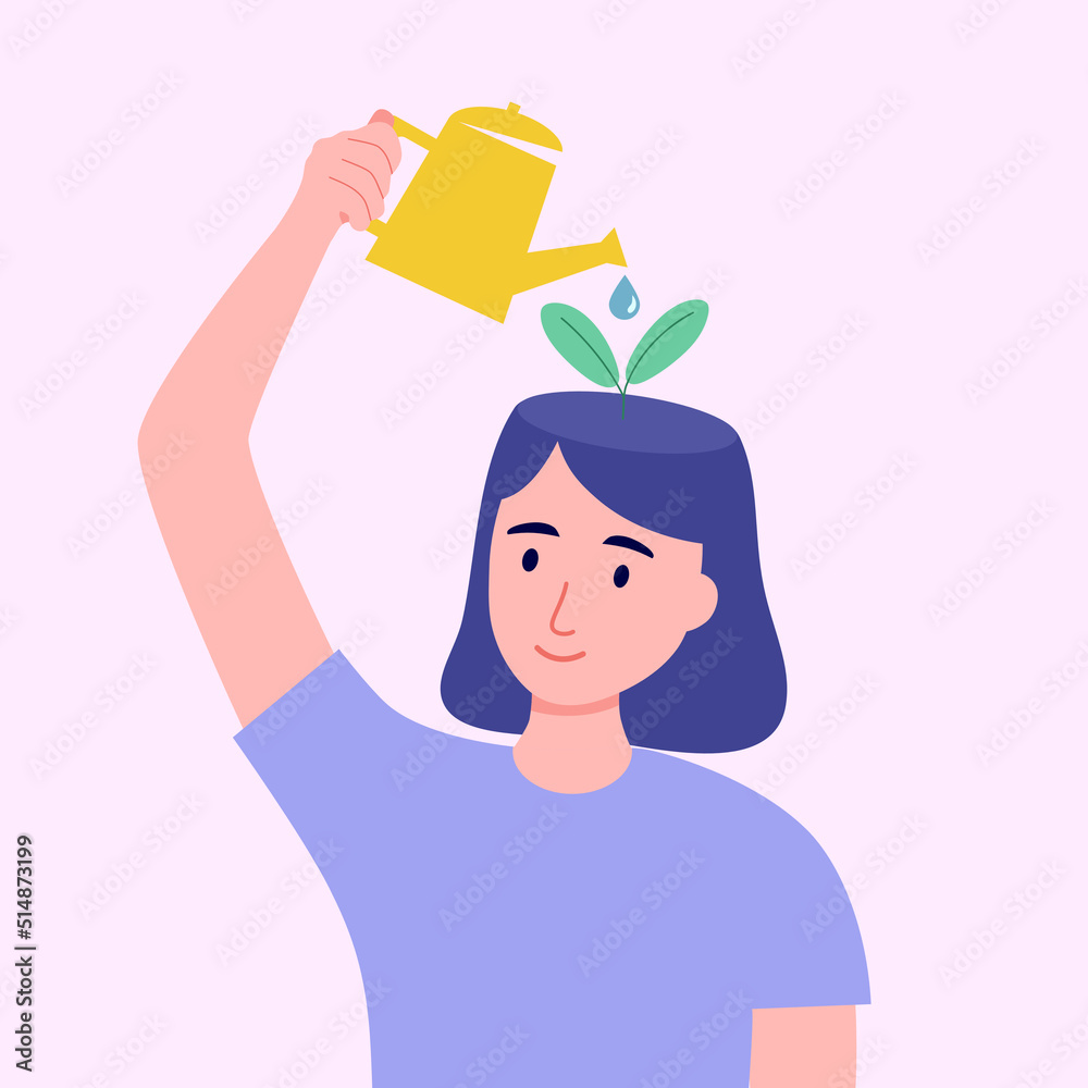 Self care or self compassion concept vector illustration. Mental health or psychological therapy. Woman watering plant on her head in flat design.