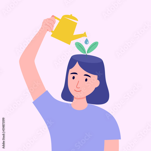 Self care or self compassion concept vector illustration. Mental health or psychological therapy. Woman watering plant on her head in flat design.