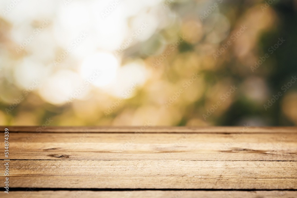 Empty blank wooden plank, deck or table with defocused green trees background Empty blank wooden plank, deck or table with defocused green trees background