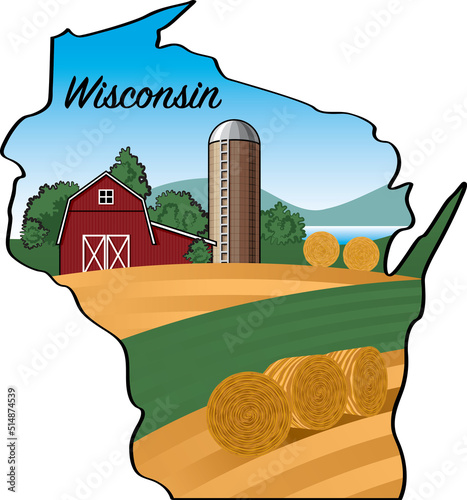 Wisconsin Map Vector Shape with Farm Landscape
