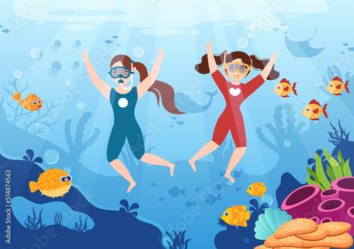 Children Snorkeling with Underwater Swimming Exploring Sea, Coral Reef or Fish in the Ocean in Flat Cartoon Vector Illustration