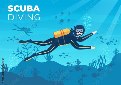Scuba Diving with Underwater Swimming Equipment for Exploring Coral Reef, Sea Flora and Fauna or Fish in the Ocean in Flat Cartoon Vector Illustration