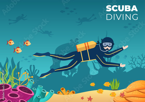 Scuba Diving with Underwater Swimming Equipment for Exploring Coral Reef, Sea Flora and Fauna or Fish in the Ocean in Flat Cartoon Vector Illustration