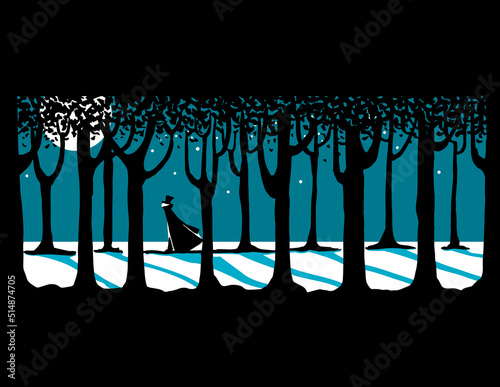 Walking in Moonlit Winter Woods Vector Illustration