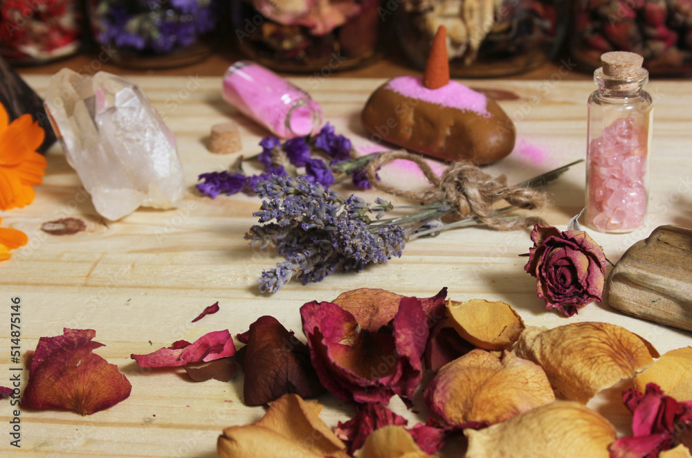 Rose Petals and Dried Lavender With Crystals and Petrified Wood Rose Petals and Dried Lavender With Crystals and Petrified Wood
