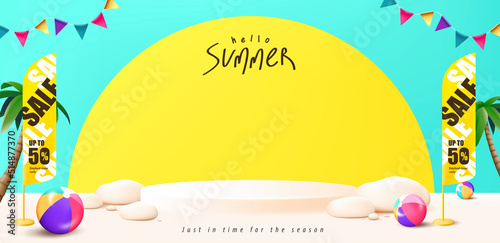 Summer sale poster banner template with product display podium and beach party background