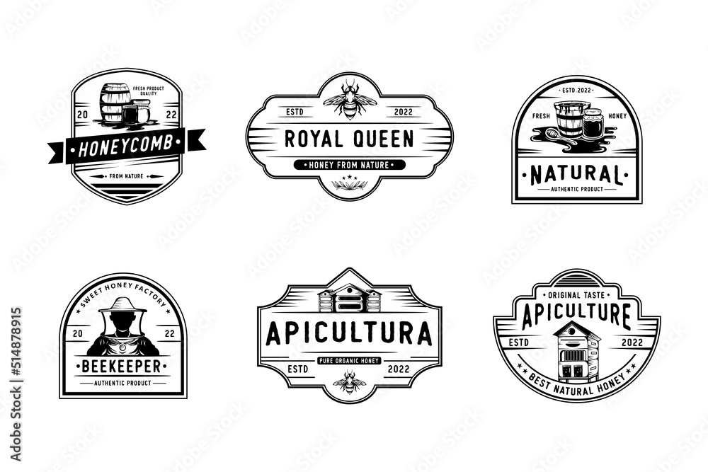 Set of vintage honey and bee labels, badges and design elements