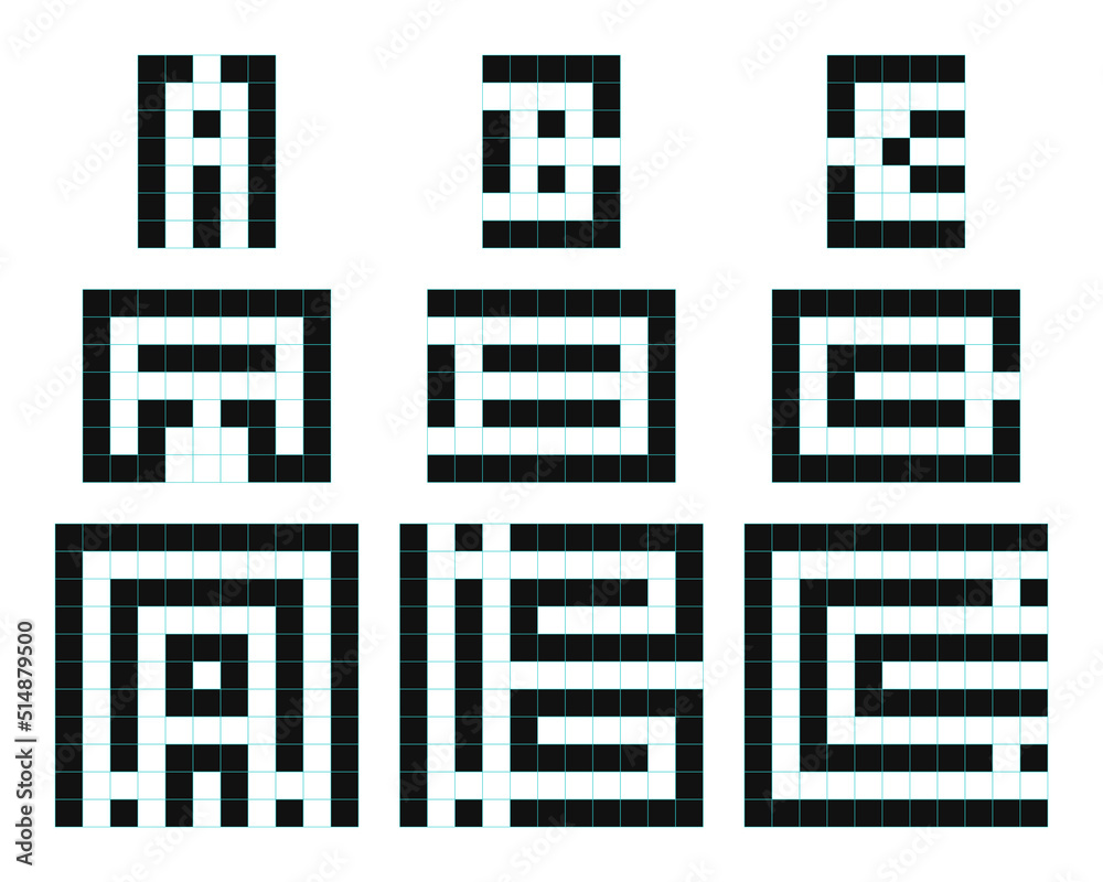 Editable bitmap pixel font concept with grid templates.