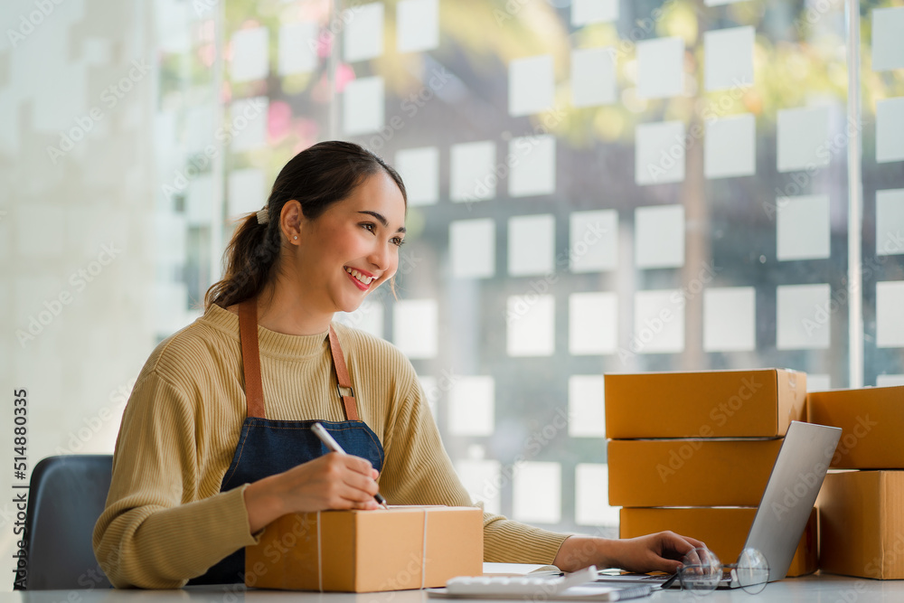 start a small business SME business owners, successful female entrepreneurs Work with laptops with boxes and check online orders to prepare boxes. Selling to customers, SME business ideas. start a small business SME business owners, successful female entrepreneurs Work with laptops with boxes and check online orders to prepare boxes. Selling to customers, SME business ideas.