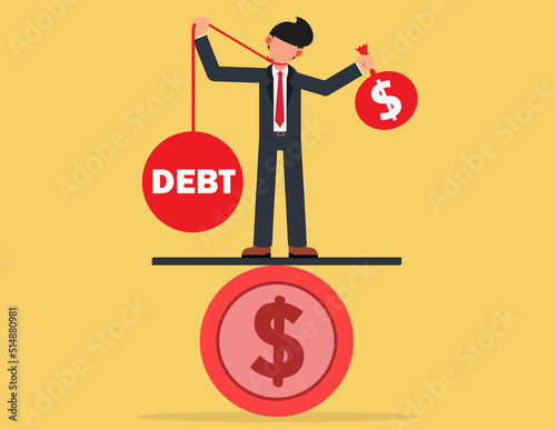 Financial issues, average business income. Businessman weighing between debt and income