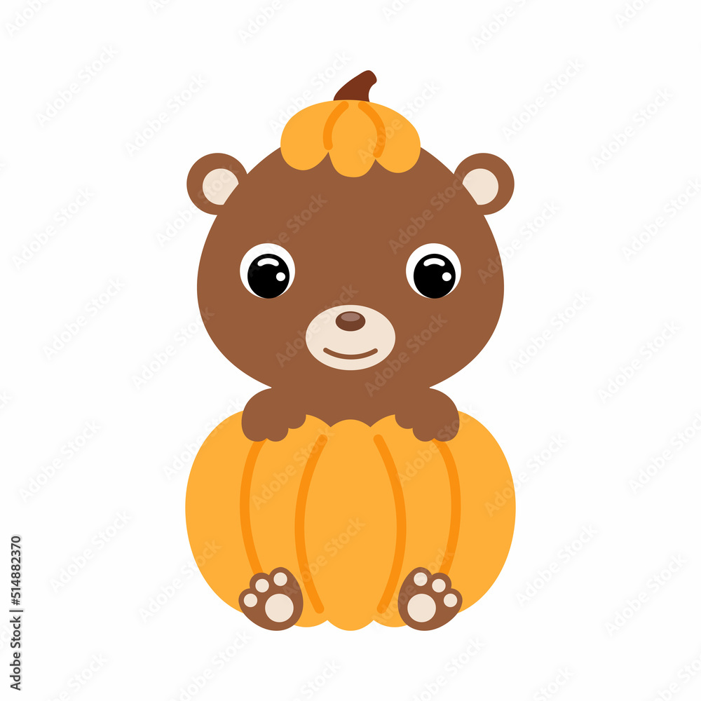 Cute little bear sitting in a pumpkin. Cartoon animal character for kids t-shirts, nursery decoration, baby shower, greeting card, invitation. Vector stock illustration Cute little bear sitting in a pumpkin. Cartoon animal character for kids t-shirts, nursery decoration, baby shower, greeting card, invitation. Vector stock illustration
