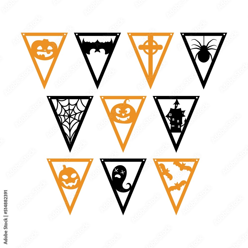 Halloween bunting banner. Set flags decoration for party, nursery wall decor. Isolated vector stock illustration.
