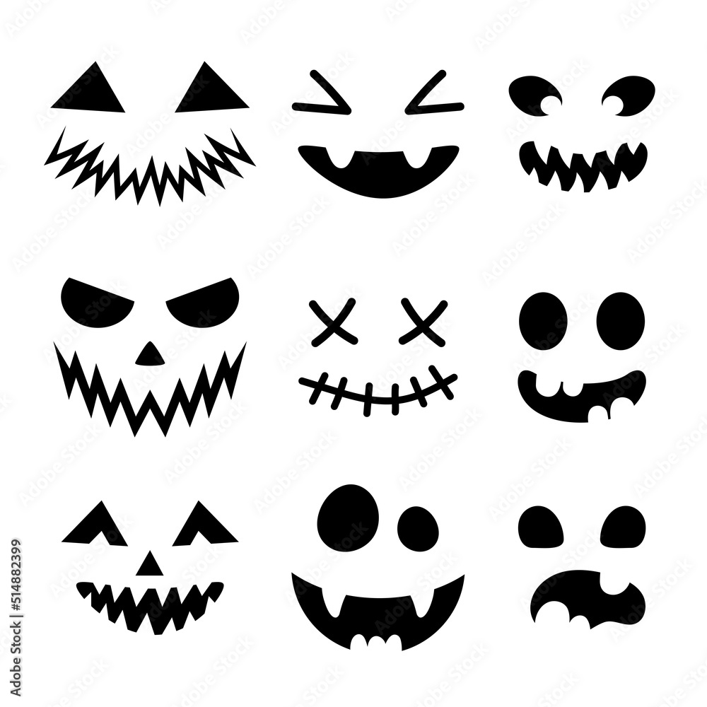Set of scary and funny faces for Halloween pumpkin or ghost. Jack-o-lantern facial expressions. Simple collection horror faces with evil eyes, teeth and creepy smiles. Isolated vector illustration. Set of scary and funny faces for Halloween pumpkin or ghost. Jack-o-lantern facial expressions. Simple collection horror faces with evil eyes, teeth and creepy smiles. Isolated vector illustration.