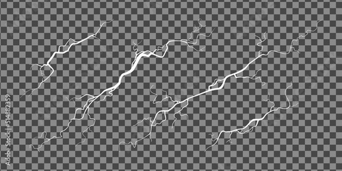 Crack on concrete or ground due to aging or drought. Set of fissures isolated in transparent background. Monochrome vector illustration