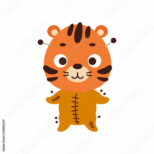 Cute little Halloween tiger in a voodoo costume. Cartoon animal character for kids t-shirts, nursery decoration, baby shower, greeting card, invitation, house interior. Vector stock illustration