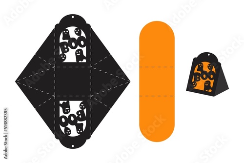 Happy Halloween treat box. Gift party favor box for sweets, candies, small presents, bakery. Simple packaging die cut template for laser cut with silhouette ghosts