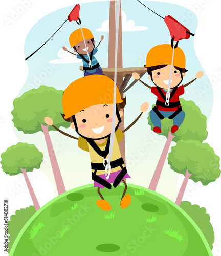 Stickman Kids Helmet Zip Line Illustration