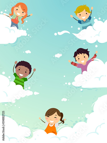 Stickman Kids Peek Clouds Sky Illustration