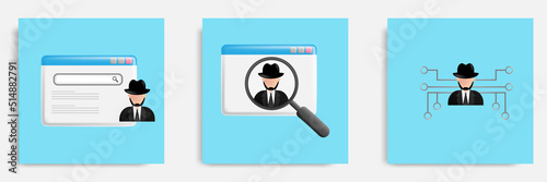 Dark web, hacker programer wearing suit and hat on a web page concept. 3D cartoon vector illustration